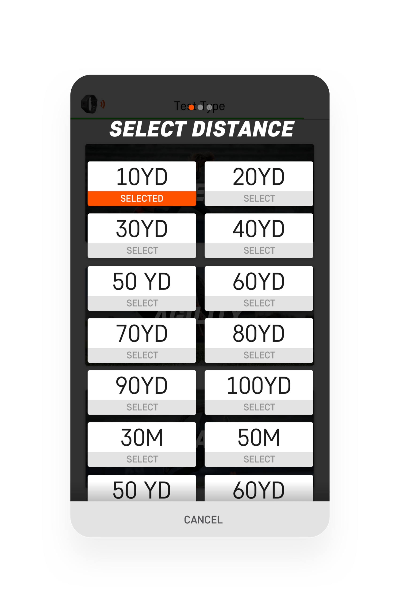 Screenshot of Select Distance JAWKU Screen