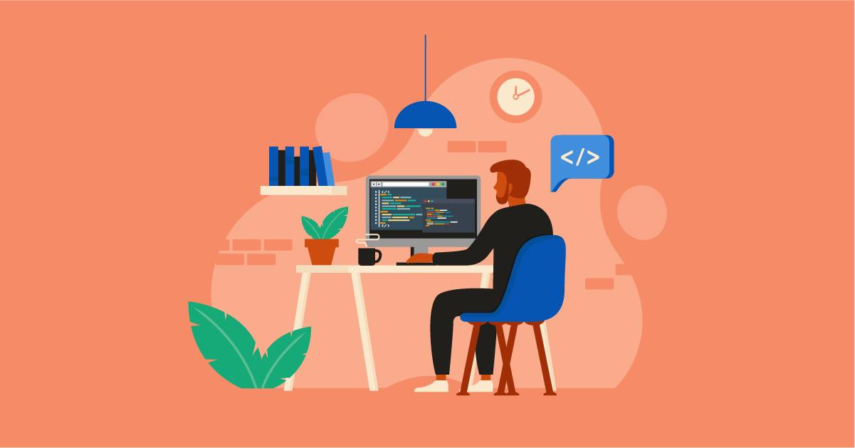 Man coding at a desk illustration